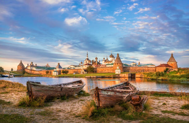 istock Solovetsky Monastery on the Solovetsky Islands and old wooden boats 1280604804