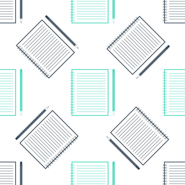 緑の空白のノートブックと消しゴムアイコンと鉛筆は、白い背景に分離シームレスなパターン。ベクトル - seamless padding backgrounds wallpaper点のイラスト素材／クリップアート素材／マンガ素材／アイコン素材