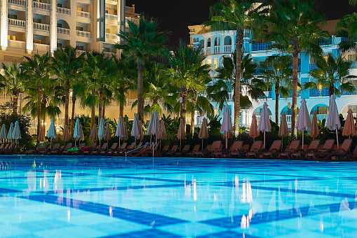 Luxury hotel, swimming pool, travel destinations, tourist resort, night