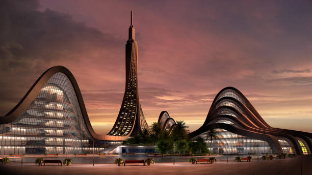 istock Night time futuristic city architecture 1280609590