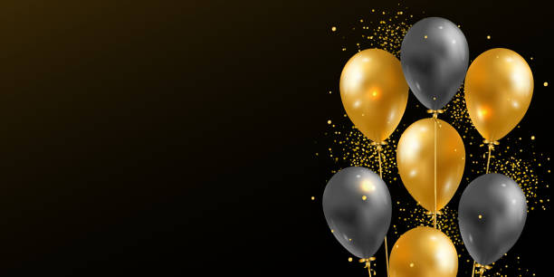 istock Vector background with 3D realistic glossy helium balloons and golden shiny confetti. Festive template for print, poster, new year, valentine, birthday, anniversary, celebration, wedding, event 1280610204