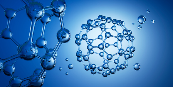 3D Nano Ball or Buckyball - C60 Molecule on blue background