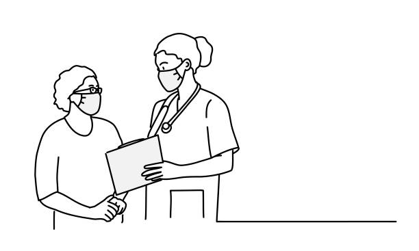 Young woman doctor and patient Young woman doctor, nurse in protection mask show medical test. Hand drawn vector line. doctor patient stock illustrations