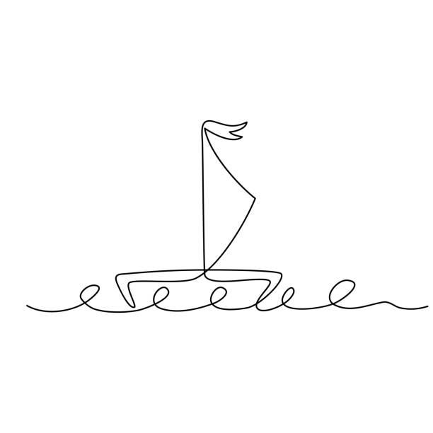 Sailboat sailing on the waves. Continuous line drawing. Sailboat sailing on the waves. Minimalistic drawing of a yacht at sea. Black isolated on white background. Hand drawn vector illustration. white sailboat silhouette stock illustrations