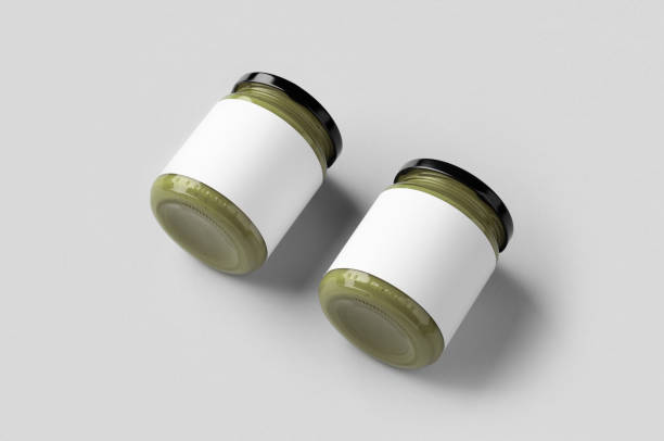 istock Pumpkin, hemp seed butter jar mockup with blank label. 1280623684