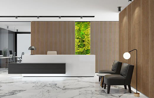 Modern lobby interior with long wooden office reception desk with green Eco plant moss wall with different plants.
3d rendering