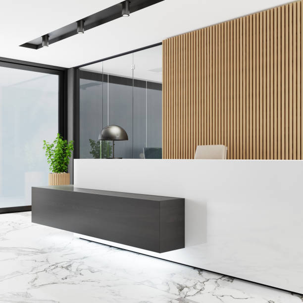 istock Modern Office lobby interior with long wooden planks background and reception desk 1280636158