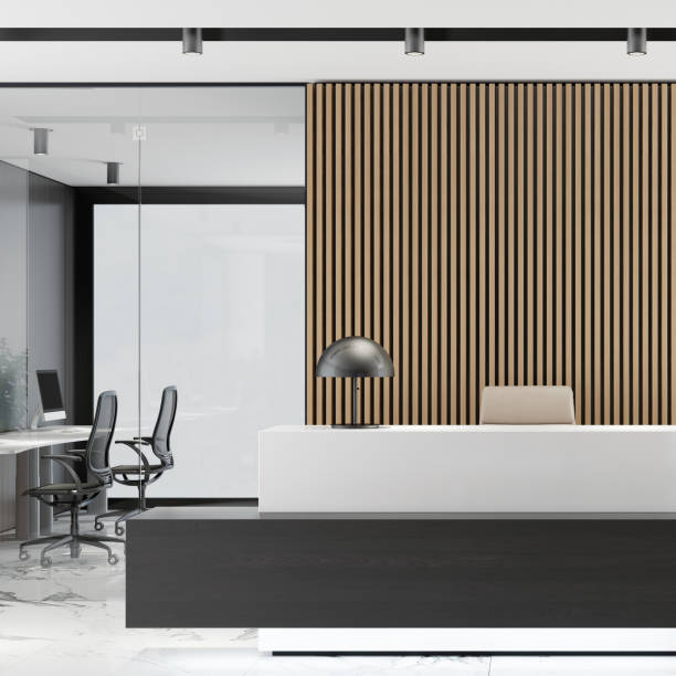 istock Modern Office lobby interior with long wooden planks background and reception desk 1280637412