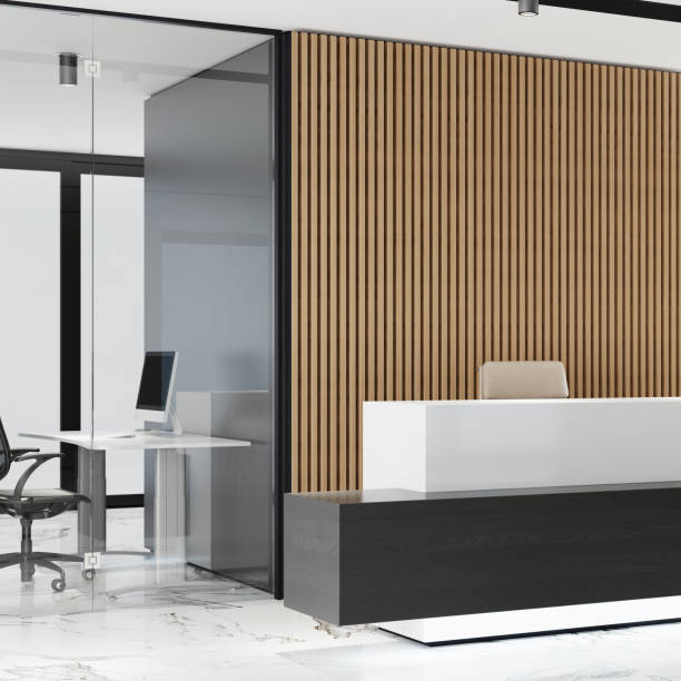 istock Modern Office lobby interior with long wooden planks background and reception desk 1280637865