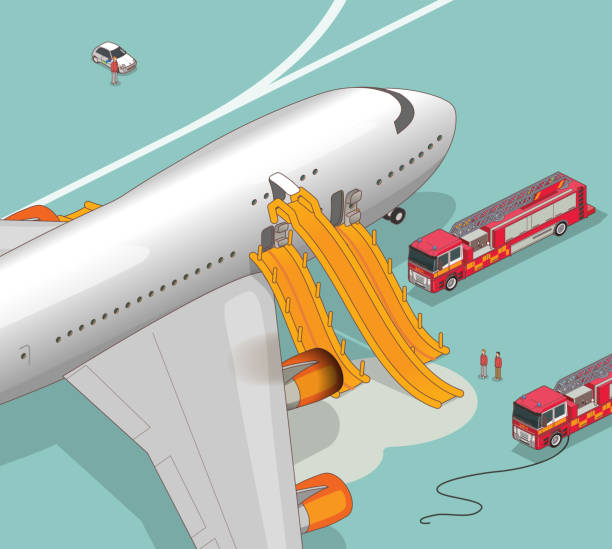 ilustraciones, imágenes clip art, dibujos animados e iconos de stock de tobogán de evacuación de aviones - air vehicle airport fire department accident