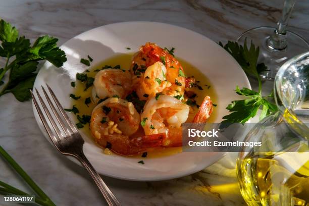 Portuguese Garlic Shrimp Stock Photo - Download Image Now - Saute, Shrimp - Seafood, Sauce