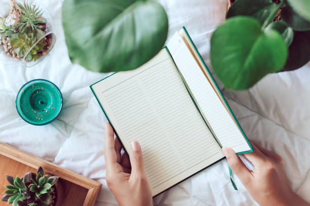 Woman preparing to write down in blank notebook lying on bed, succulents and plants on white blanket, top view, cozy home flat lay