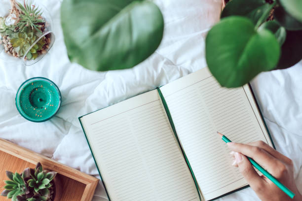 istock Woman preparing to write down in blank notebook lying on bed, succulents and plants on white blanket, top view, cozy home flat lay 1280643966