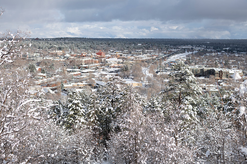 Snow covered city view of old Flagstaff Arizona after a winter storm in Flagstaff, AZ, United States