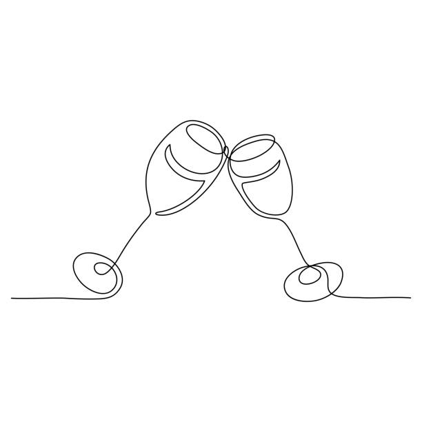 dua gelas anggur digambar dengan gaya minimalis. - vektor teknik ilustrasi ilustrasi ilustrasi stok