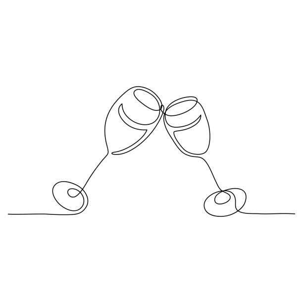 Two wineglasses drawn in a minimalist style. Continuous line drawing. Two wineglasses drawn in a minimalist style. Cheers with glasses. Black isolated on white background. Hand drawn vector illustration. celebratory toast illustrations stock illustrations