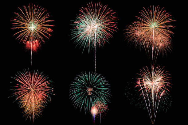 istock Six colorful fireworks on black background, New Year celebration concept. 1280677018