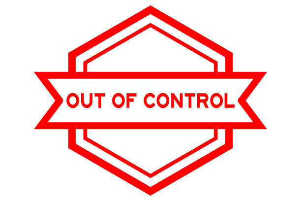Hexagon vintage label banner in red color with word out of control on white background