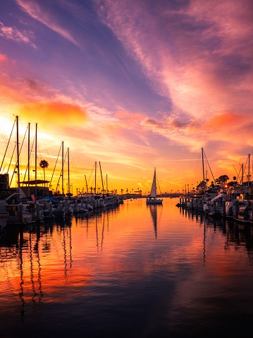 Sailboat in harbor at sunset
