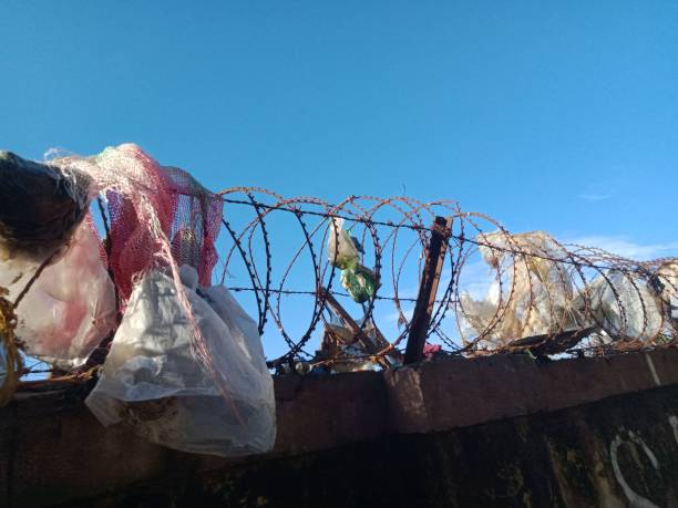 istock Plastic bag stuck in round fence guard 1280681064