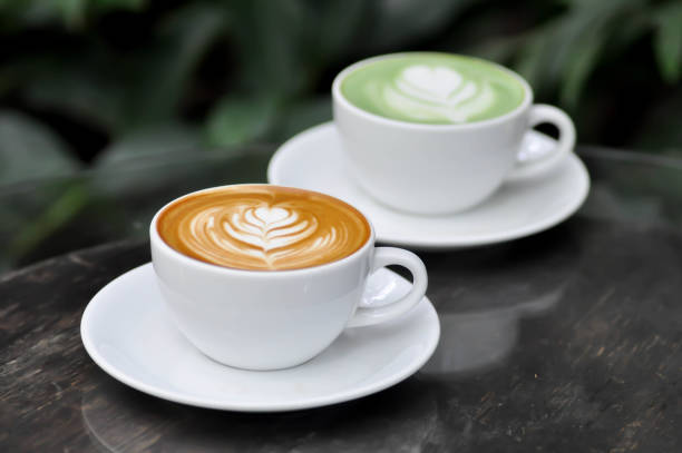 coffee , hot cofffee and milk green tea stock photo