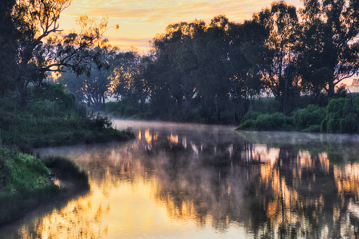 Sunrise moments on Macquarie river in Dubbo city of Great Western plains of NSW, Australia. Tender mist evaporates from water surface in warm sun light.