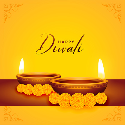 Happy Diwali Yellow Background With Diya And Flower Stock Illustration -  Download Image Now - iStock