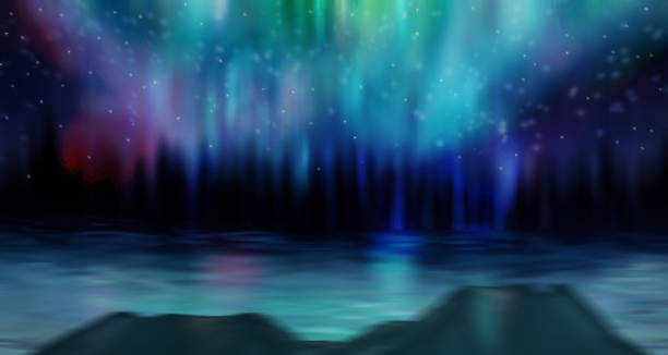 istock Landscape painting, Aurora Borealis over mountains and lake. 1280689449