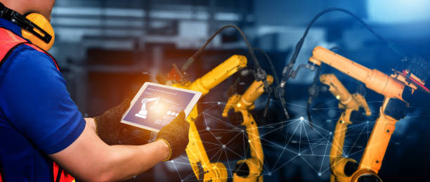 istock Smart industry robot arms for digital factory production technology 1280691398