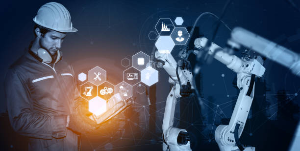 istock Smart industry robot arms for digital factory production technology 1280691495