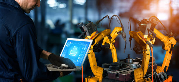 istock Smart industry robot arms for digital factory production technology 1280692034