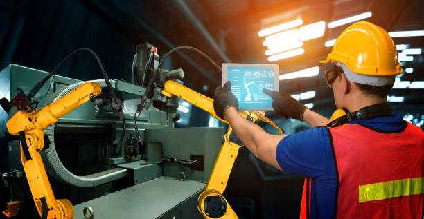 istock Smart industry robot arms for digital factory production technology 1280692106