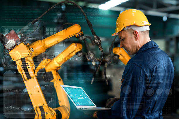 istock Smart industry robot arms for digital factory production technology 1280692134