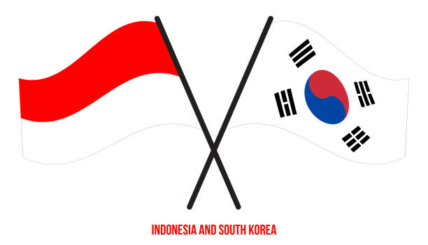 인도네시아와 한국 국기는 교차하고 플랫 스타일을 흔들. 공식 비율. 올바른 색상입니다. - south korea south korean flag korea flag stock illustrations