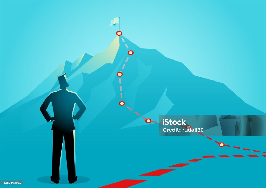 Hombre de negocios mirando las líneas rojas que conducen a la cima de una montaña - arte vectorial de Mapa de carretera libre de derechos