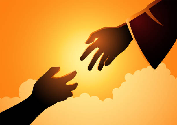 God hand reaching out for human hand vector art illustration