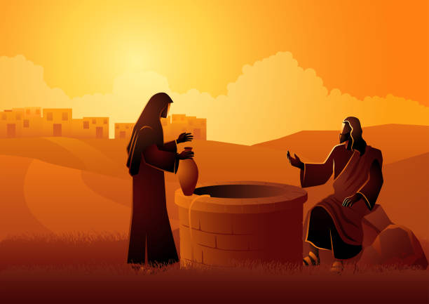 Jesus talking with Samaritan woman at the Jacob’s well Biblical vector illustration of Jesus talking with Samaritan woman at the Jacob’s well wells stock illustrations