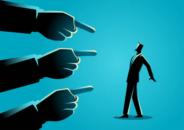 Businessman being pointed by giant fingers Business concept illustration of a businessman being pointed by giant fingers blame stock illustrations