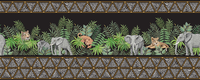 Seamless border pattern of vector savannah safari animals and golden chains fringe with zebra stripes. Lion and tiger cub, elephant, branches, grass, herbs and palm tree leaves on a black background