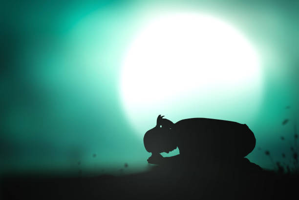 Woman praying to God concept Silhouette prayer woman bow down for pray to God over blurred full moon background bowing stock pictures, royalty-free photos & images