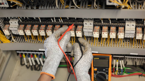 istock Electrician engineer uses a multimeter to test the electrical installation and power line current in an electrical system control cabinet. 1280698718