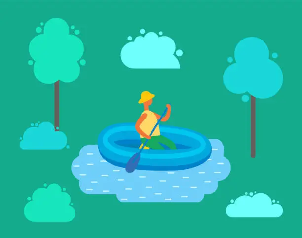 Vector illustration of Man in Hat Swimming on Inflatable Rubber Boat