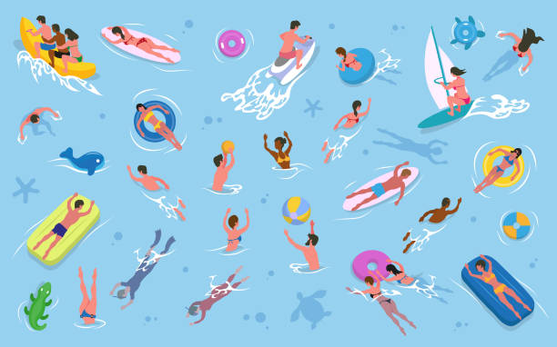 Men and Women Swimming in Water, Summer Recreation Summer recreation, men and women swimming in water vector. Girls and guys in swimsuits, inflatable mattress and rings, surfboard and sailboard, waterbike banana seat stock illustrations