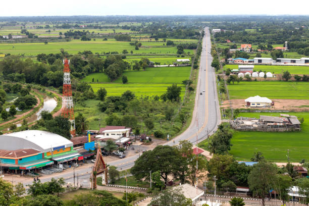istock Above the road and trees, rice fields in the village. 1280700676