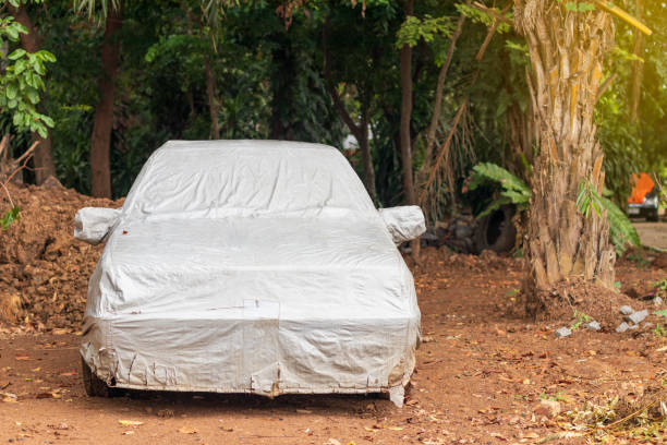 Gray canvas covering the old sedan on the ground.