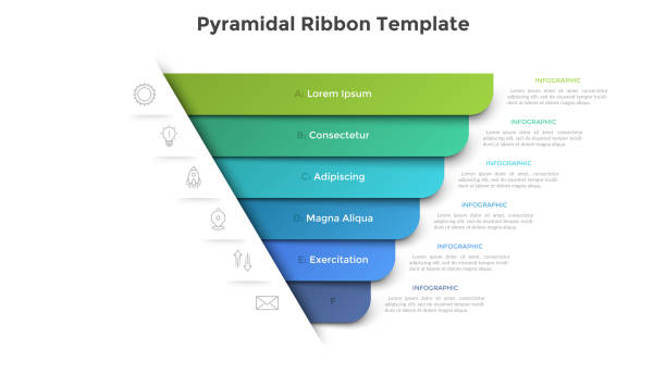 Modern Infographic Vector Template Pyramidal diagram with six colorful paper ribbon elements. Concept of 6 business options to choose. Creative infographic design template. Realistic vector illustration for website menu, banner. upside down stock illustrations