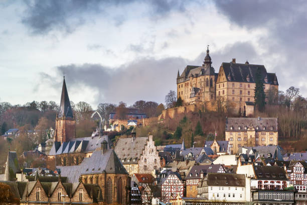 View of Marburg with castle on hill, Germany
