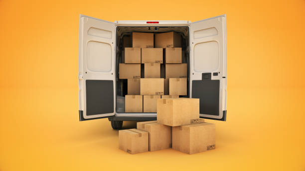 istock commercial delivery vans with cardboard boxes. 3d rendering 1280703116