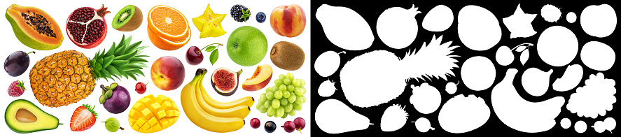 Fruits and berries collection isolated on white background with clipping path and alpha channel