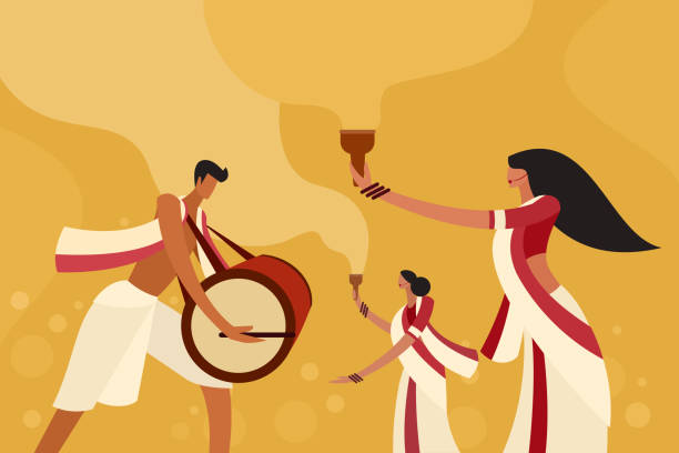 illustration von menschen, die das durga puja festival in indien feiern - india indian culture traditional culture dancing stock-grafiken, -clipart, -cartoons und -symbole